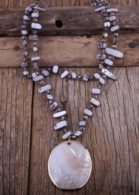 Boho Necklace, RH Big Crystal Shell Purple Necklaces